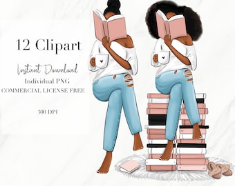 Clipart de lectura, Chica negra leída, Mujer clipart, Arte de mujer negra, Pegatina digital de niña negra, Clipart de mujer negra, Clipart de niña negra,