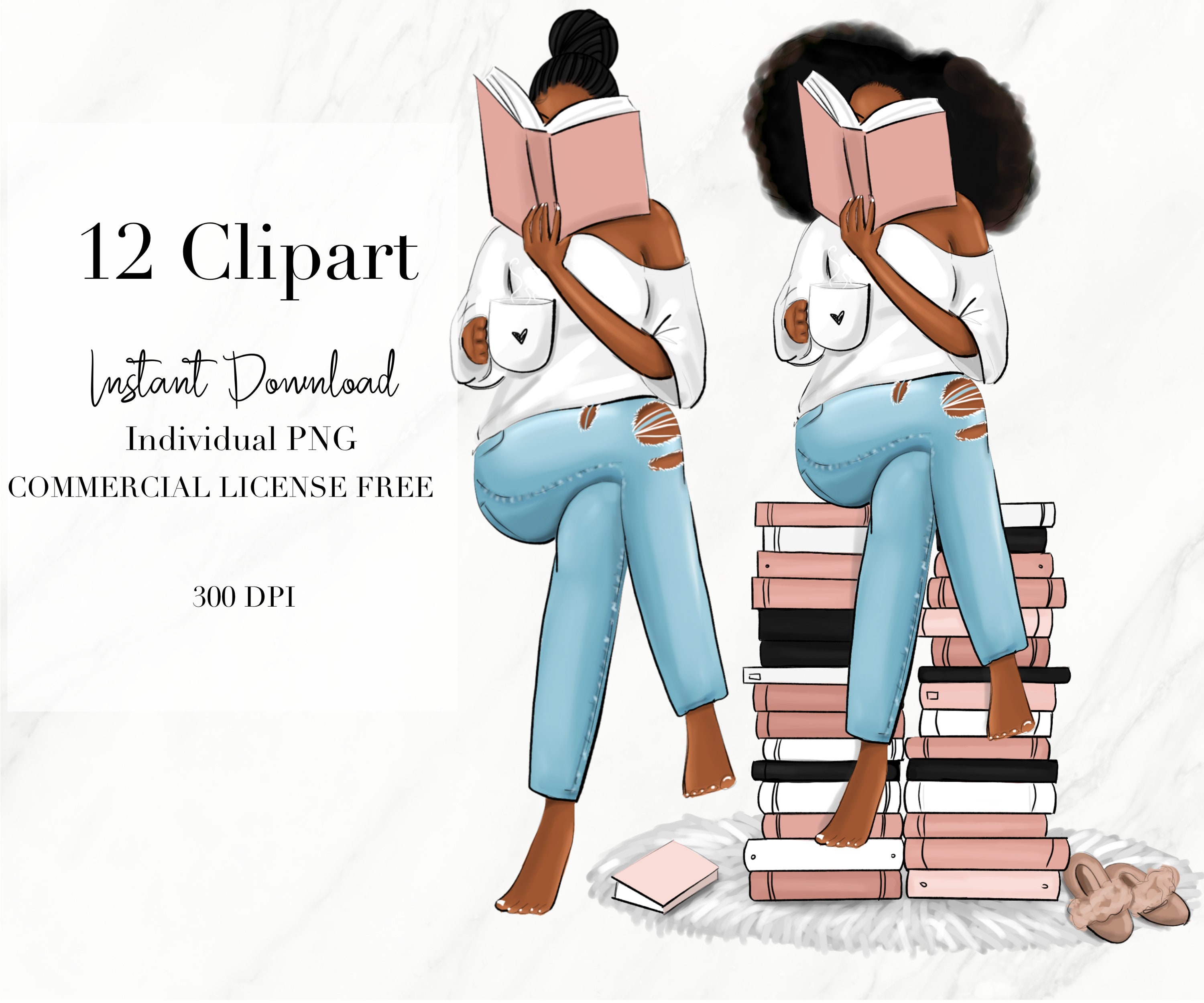 Reading Clipart, Black girl read, Woman Clipart, Black woman art, Bla…