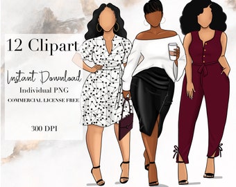Curvy ClipArt, Fashion ClipArt, Plus size ClipArt, Digital Stickers, African American Clipart, Digital Planner Stickers, Black Girl Clipart,