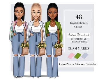 Muñeca de crecimiento 1 / Clipart, ClipArt de mujer, ClipArt de moda, pegatinas digitales, pegatinas de planificador digital, imágenes prediseñadas de niña negra