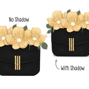 May include: A black purse with a gold clasp and a floral design. The flowers are yellow with white centers and green leaves. The image shows the purse with and without a shadow.