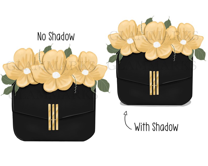 May include: A black purse with a gold clasp and a floral design. The flowers are yellow with white centers and green leaves. The image shows the purse with and without a shadow.