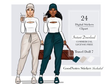 Muñeca de viaje 7, ClipArt de viaje, Clip art de viaje, pegatinas digitales de viaje de niña negra, pegatinas de planificador digital, imágenes prediseñadas de mujer negra,