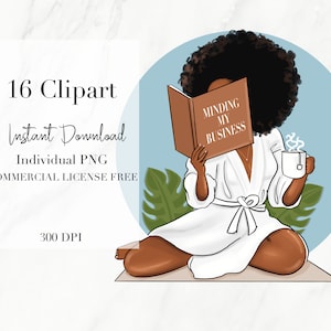 Thee Clipart, Zwart meisje lezen, Koffie Clipart, Zwarte vrouw kunst, Zwart Meisje Digitale Sticker, Zwarte vrouw Clipart, Zwart Meisje Clipart,