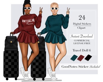 Muñeca de viaje 6, Imágenes prediseñadas de viaje, Imágenes prediseñadas de viaje, Pegatinas digitales de viaje de niña negra, Pegatinas de planificador digital, Imágenes prediseñadas de mujer negra,