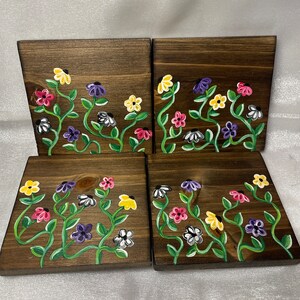 Hand-painted Floral Wooden Coaster Set