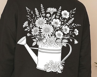 Vintage Floral Watering Can Black White PNG, Cottagecore Grandma Core Sublimation Graphic (Digital Download)
