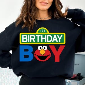 May include: Black sweatshirt with a colorful graphic design. The design features the words "BIRTHDAY BOY" in white, blue, and red, with a cartoon character's face. The number "123" is above the words in a yellow and green sign.