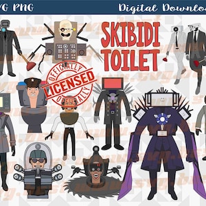 May include: A digital download of 10 colourful illustrations featuring characters from the "Skibidi Toilet" meme. The characters include a toilet with a face, a man with a TV for a head, and a man with a camera for a head. The text "Skibidi Toilet" is written in red letters.