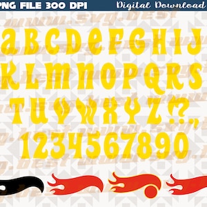 Puede incluir: Un conjunto de letras mayúsculas amarillas y números en un estilo de fuente retro. Las letras son de la A a la Z y los números del 1 al 9 y el 0. También hay tres diseños de llamas en negro, amarillo y rojo.
