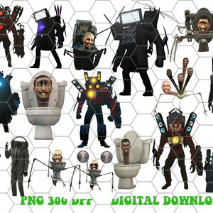 以下が含まれることがあります： カートゥーンスタイルのさまざまなキャラクターをフィーチャーした12種類の画像のデジタルダウンロード。キャラクターは、人間とロボットのようなフィギュアのミックスで、テレビを頭にしたもの、トイレを頭にしたもの、スピーカーを頭にしたものなどがあります。画像はPNG形式で、300DPIです。