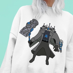 May include: A gray and blue cartoon character wearing a long gray coat and holding a large gray and blue hammer. The character has a large, gray, multi-layered head with blue accents.