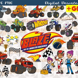 Puede incluir: Descarga digital SVG y PNG con personajes de Blaze y los Monster Machines. Incluye diseños de monster trucks, banderas de carreras, trofeos e ilustraciones de personajes. También incluye el texto "Digital Download + GIFT".