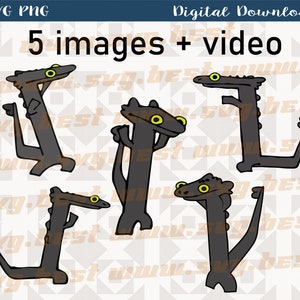 May include: Five black and white cartoon images of a lizard-like creature with yellow eyes. The creature is in different poses, including standing, sitting, and walking. The images are suitable for use in digital projects.
