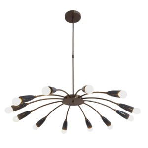 May include: A multi-arm chandelier featuring a central dark bronze canopy and a thin vertical rod extending to a circular hub. Twelve curved arms radiate outward, each ending in a dark, tapered conical shade with a round white light bulb.