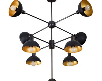8-Light Raw Brass Chandelier, Matte Black Mid Century Pendant Light Fixture