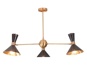 6-Light Brass Chandelier, Blackened Patina Finish, Minimalist Pendant Lamp