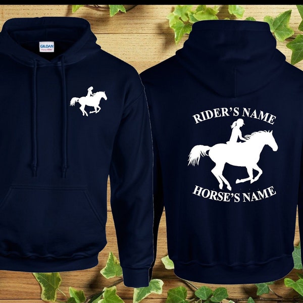 Personalised Horse Hoodie Left Breast and Back Printed Rider Riding Equestrian Dressage Boys Girls Polo Club Birthday Gifts Unisex Jumpers