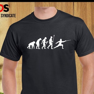 T-shirt évolution d'escrime, combat à l'épée, compétition sportive, arme de Combat, chemise drôle, hauts unisexes