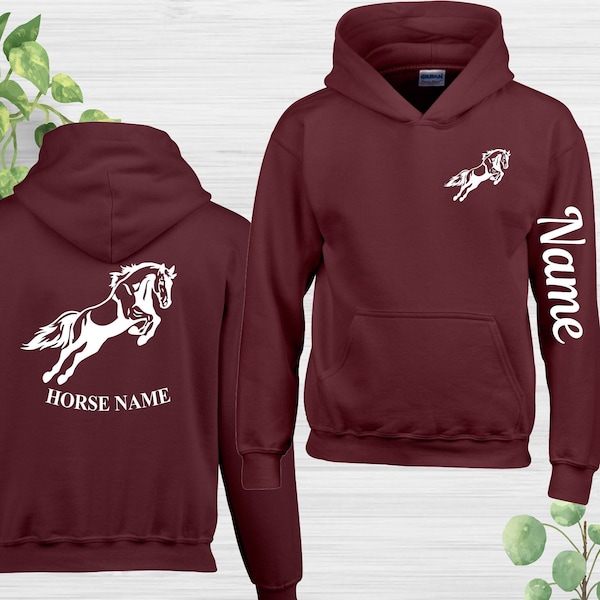 Personalised Horse Hoodie Left Sleeve Name Riding Love Pony Dressage Equestrian Unisex Birthday Presents Hood Front Back Printed Tops
