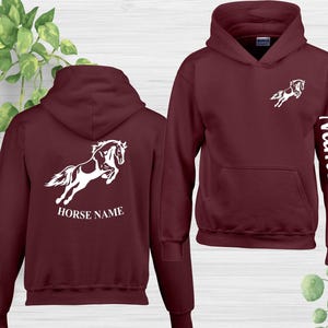 Personalised Horse Hoodie Left Sleeve Name Riding Love Pony Dressage Equestrian Unisex Birthday Presents Hood Front Back Printed Tops