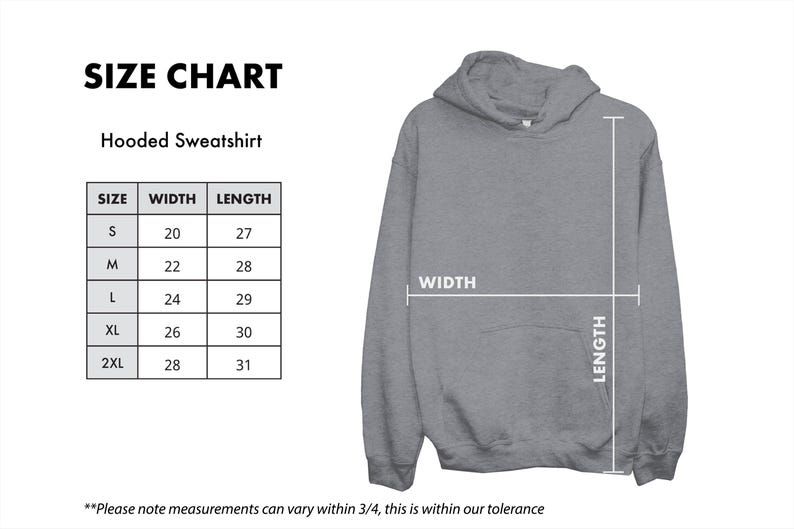 a size chart for a hoodie sweatshirt