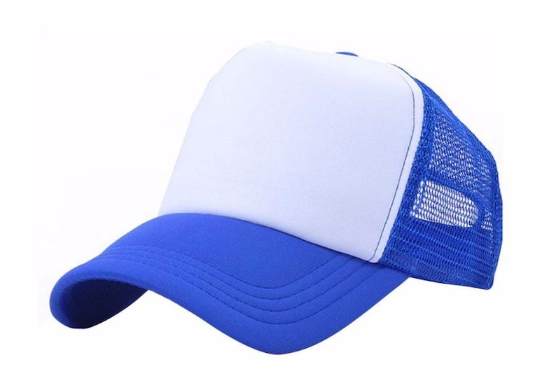 May include: A blue and white trucker hat with a mesh back. The front of the hat is white and the brim and back are blue.