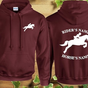 Sudadera con capucha de caballo personalizada con estampado en el pecho izquierdo y la espalda, para jinete, equitación, doma, niños, niñas, club de polo, regalos de cumpleaños, jerséis unisex
