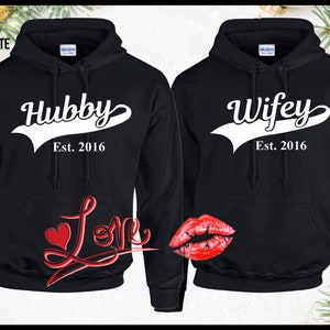 Personalised Hubby Wifey Husband Wife Hoodie Hoody Add Wedding Date Partner Present Engagement Valentines Day Honeymoon Unisex Jumpers image 1