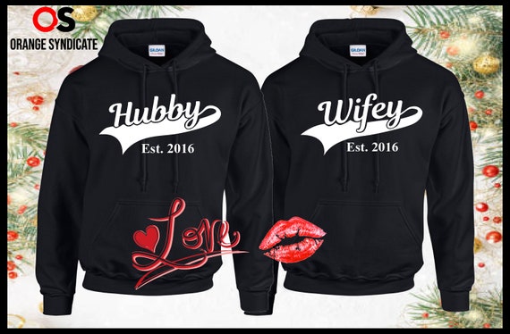 Personalised Hubby Wifey Husband Wife Hoodie Hoody Add Wedding Date Partner Present Engagement Valentines Day Honeymoon Unisex Jumpers