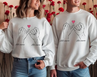Holding Hands Custom Name Valentine’s Day Sweatshirt | Personalised Couples Jumper | Custom Gift for Him & Her