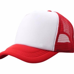 May include: A white and red trucker hat with a mesh back. The front of the hat is white and the brim and back are red.