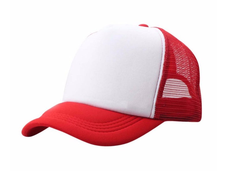 May include: A white and red trucker hat with a mesh back. The front of the hat is white and the brim and back are red.