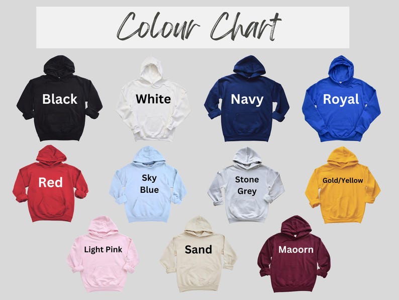 a group of sweatshirts with the names of different colors