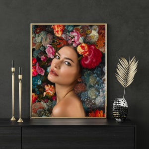 Femme Fatale III - Vibrante Ritratto di moda floreale, stampa fine arte, donna potente, moderna, botanica still life, carta Premium Luster