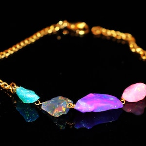 Multi color Natural fire opal tumble gold chain bracelet for women fire opal jewelry October birthstone Ethiopian opal bracelet Gift for her