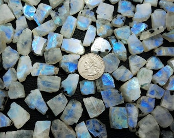 May include: A collection of raw, uncut moonstone crystals. The stones are primarily white with iridescent blue flashes. A quarter coin is included for size reference. The crystals are scattered on a dark surface.