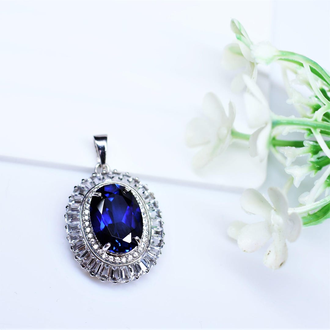 Handmade Sterling Silver Necklace | Oval Blue Cubic Zircon Halo Pendant ...