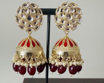 Maroon Kundan Jhumka Earrings, Indian Bollywood Jewelry