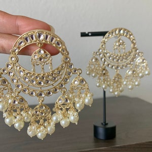 Gold Kundan Chandbali /Indian earrings/Pakistani earrings/Bollywood earrings/Pink pearl Earrings/Punjabi jhumki