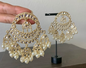 Gold Kundan Chandbali Earrings, Pink Pearl Jhumki, Bollywood Style