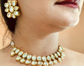 Gold Kundan Polki Choker Necklace Set, Indian Jewelry