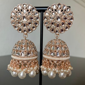 Rose Gold Kundan Jhumka/Indian earrings/Pakistani earrings/Bollywood earrings/Pink pearl Earrings/Punjabi jhumki image 1