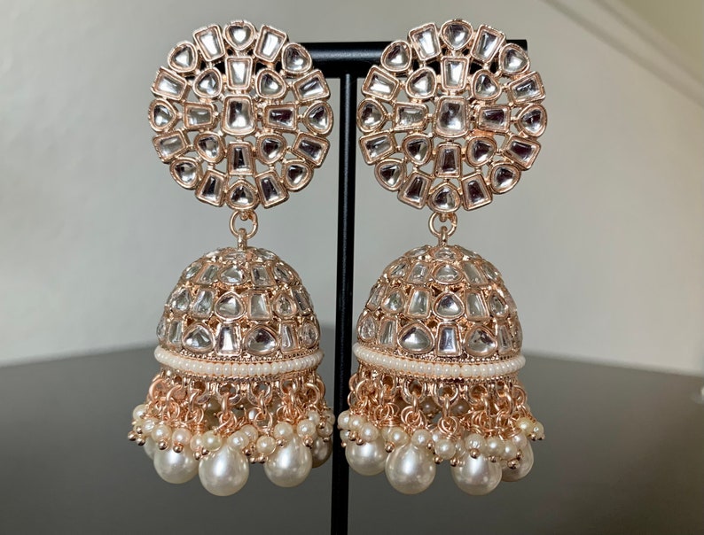 Rose Gold Kundan Jhumka/Indian earrings/Pakistani earrings/Bollywood earrings/Pink pearl Earrings/Punjabi jhumki image 1