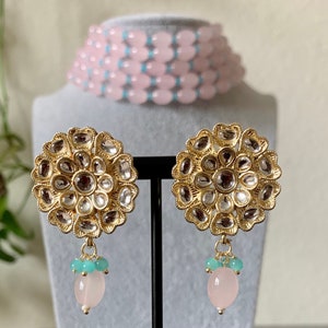 Light Pink Beads Kundan Choker/kundan jewelry set/Indian Jewelry/Choker set/Pakistani Jewelry/Bollywood Earrings set/ Pearl Necklace