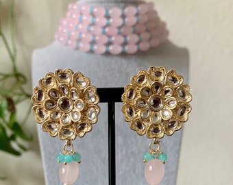 Light Pink Kundan Choker Set: Indian Bollywood Jewelry Earrings