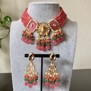 Peach Pink Kundan Choker/kundan jewelry set/Indian Jewelry/Choker set/Pakistani Jewelry/Bollywood Earrings set/ Pearl Necklace