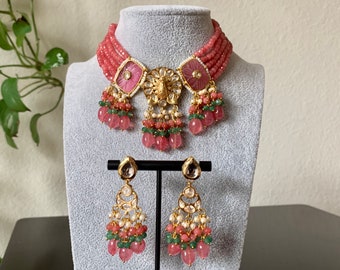 Peach Kundan Choker Set: Indian Pearl Jewelry, Bollywood Earrings