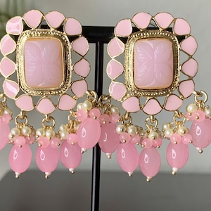 Light Pink Dangle Chandbali/Pearl Earrings/Indian Jewelry/Pakistani Earrings/Punjabi Earrings/Bollywood Jewelry/Gold jhumka/ Polki jhumka