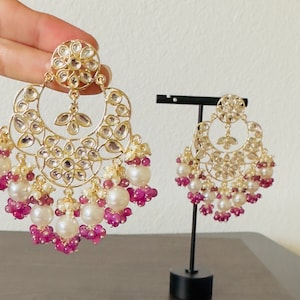 Purple Kundan Polki Chandbali Earrings/Pearl Earrings/Indian jewellery/Indian Earrings/ Pakistani jewelry/Bollywood jewelry/Jhumka